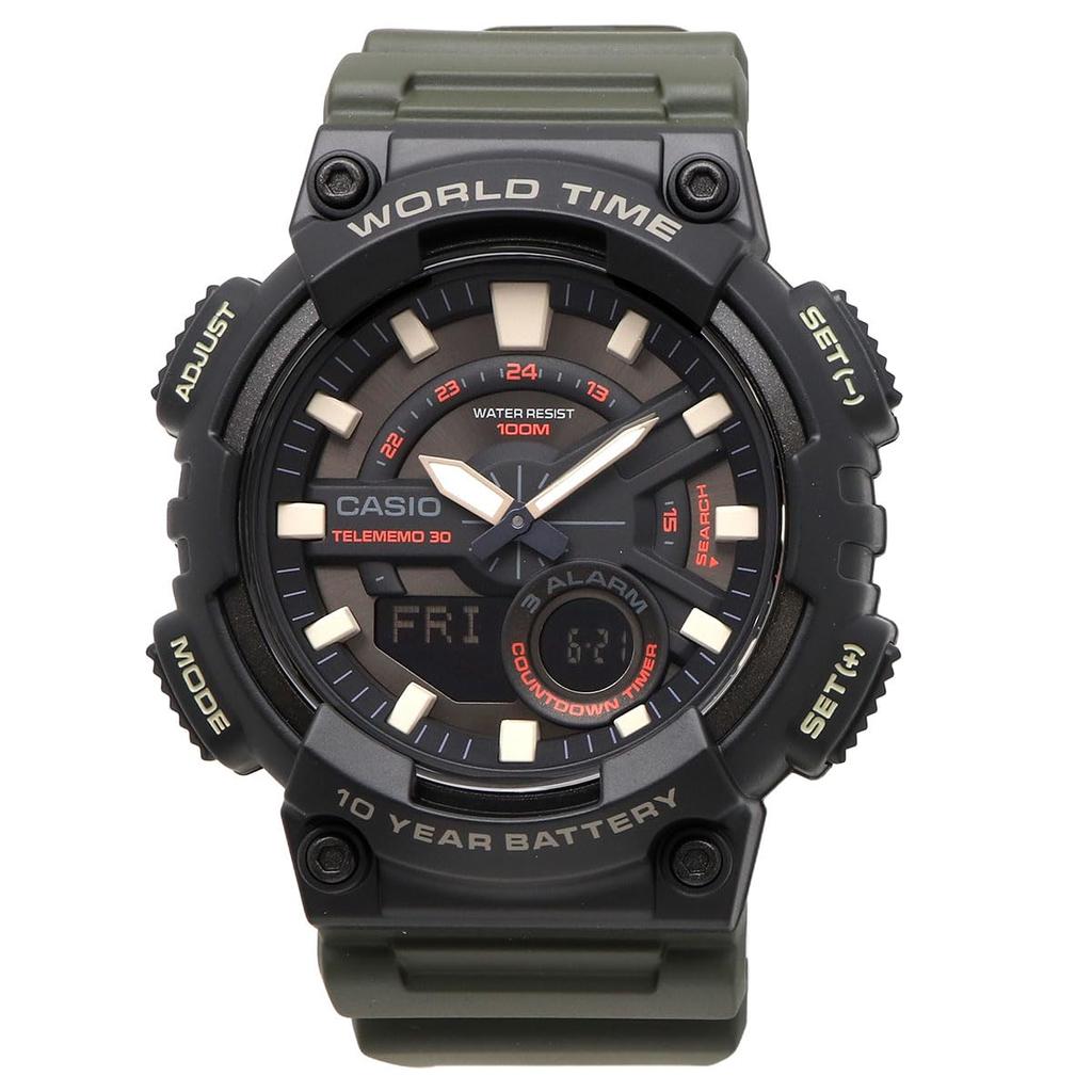 Casio World Time Quartz Wristwatch with Black Inverted LCD and Military Green Overseas Model AEQ-110W-3AV Men's Analog-Digital Display, [Used]
