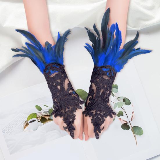 Women's Feather Wrist Cuffs Gothic Lace Feather Long Fingerless Gloves