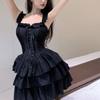 QWEEK Готическое Hrajuku Goth Lolita Kawaii Милое черное платье с оборками Мягкие платья для девочек Y2k 2023 Модные вечерние короткие платья для торта