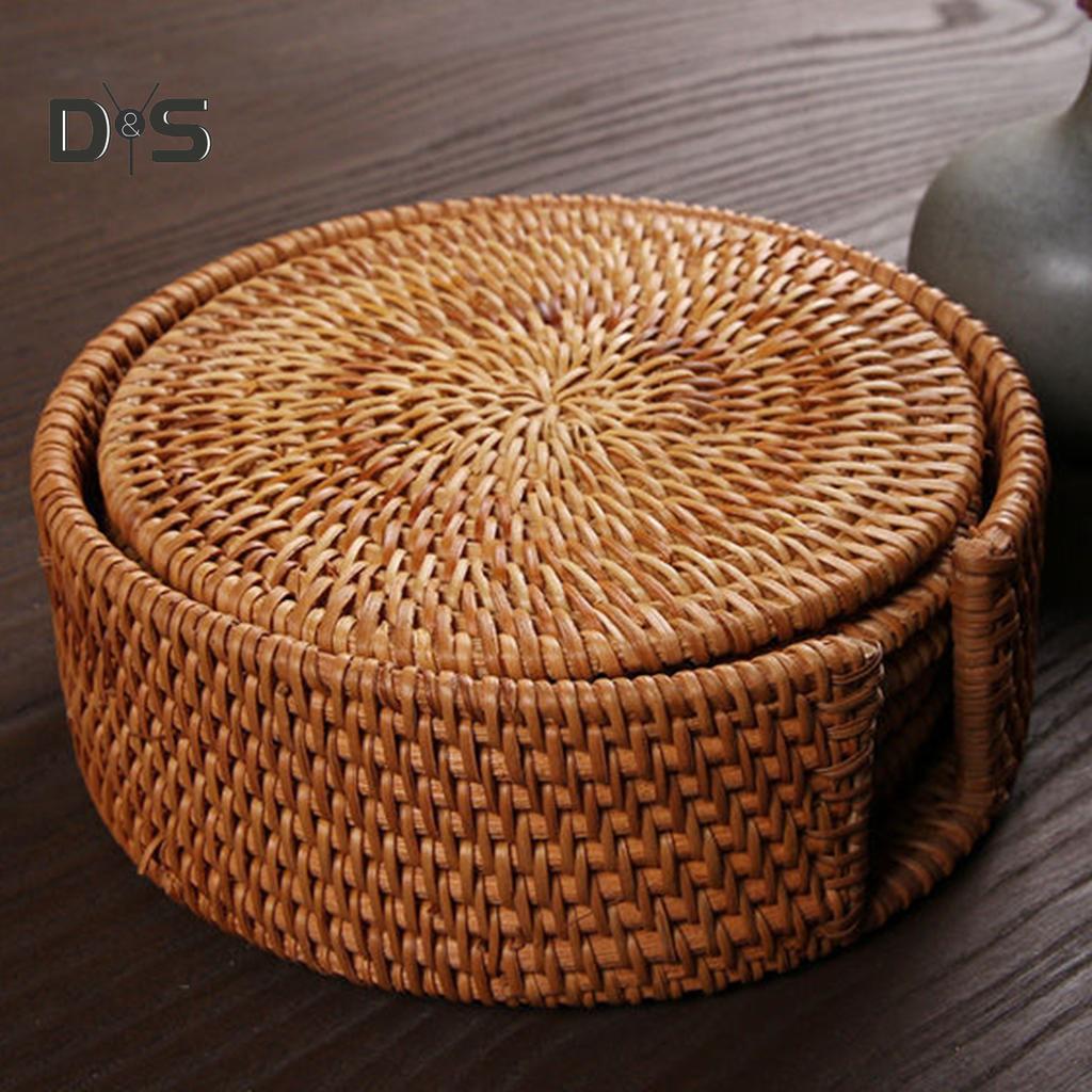 6Pcs/Set Drink Coasters Set Round Tableware Placemat Dish Mat Rattan Weave Pad