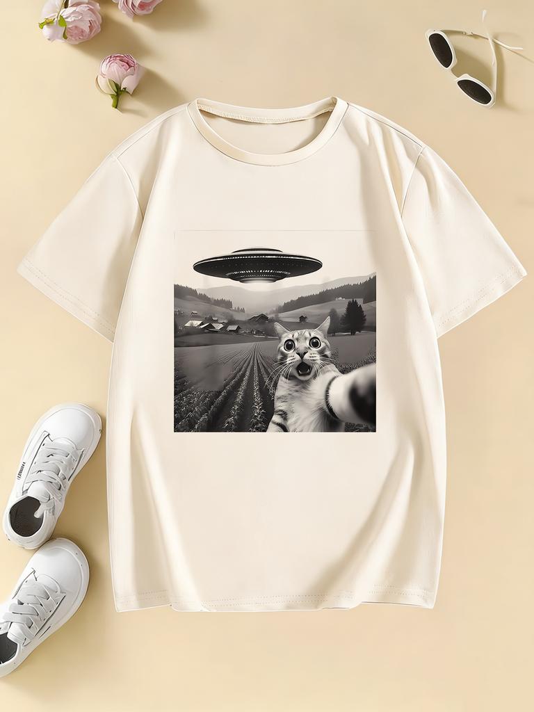 Funny Casual Ufo Cat Kawaii Design Print T Shirts Kids Children's T-shirt Anime Boys Girls Summer Spring Casual Top Tee