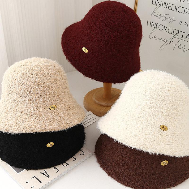 Gray wool bucket hat women's autumn and winter feeling Korean face small bucket hat warm plush knitted basin hat
