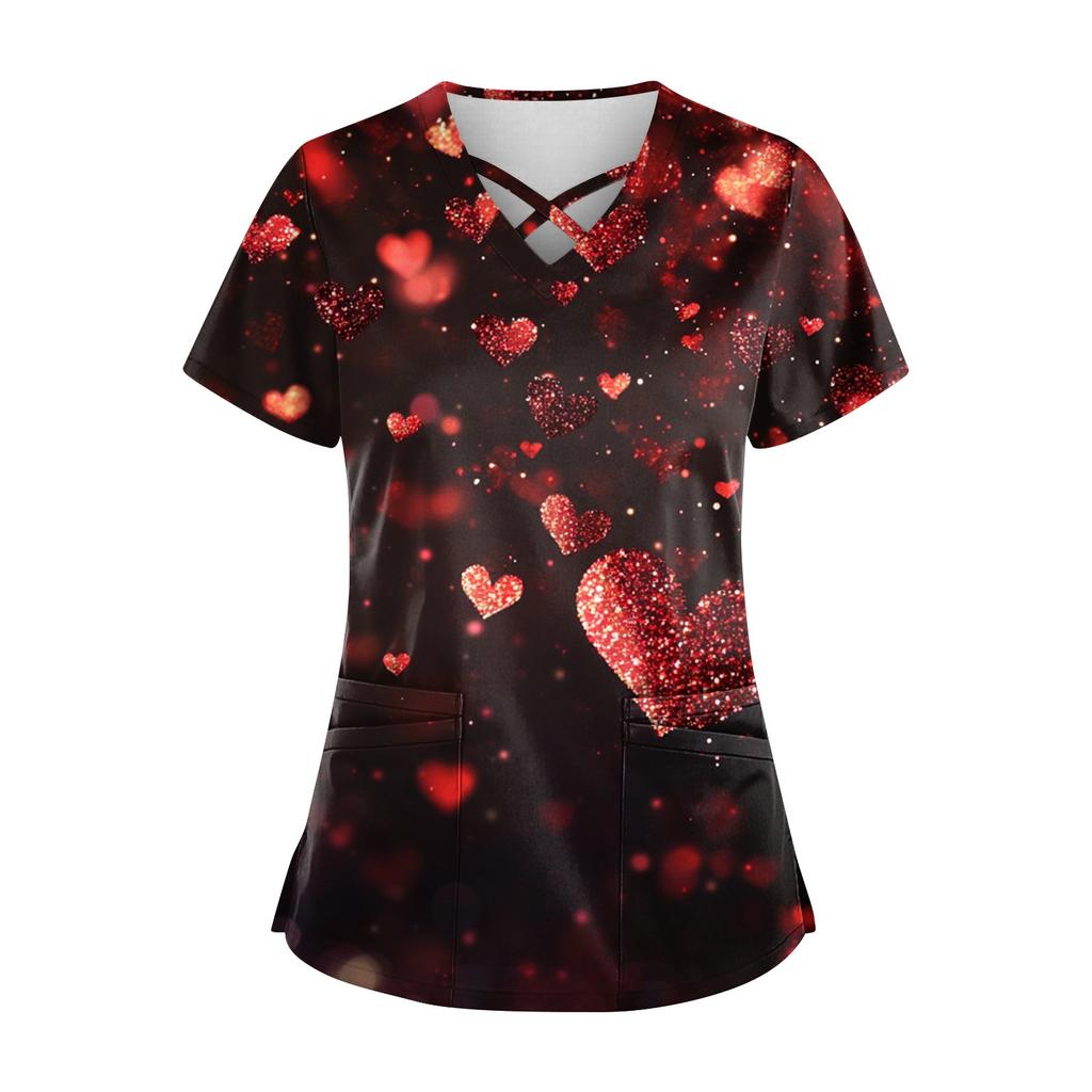 Женский топ с коротким рукавом и V-образным вырезом, принтом ко Дню святого Валентина, карманом Dry-nurse