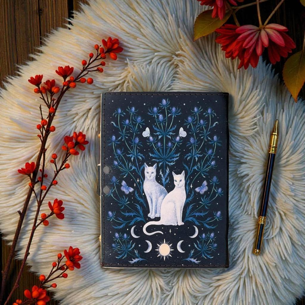 Handmade Leather Journal 5x7 – Moon & Cats Notebook – 200 Deckle Edge Pages – Vintage Lock Diary – Celestial Writing Journal