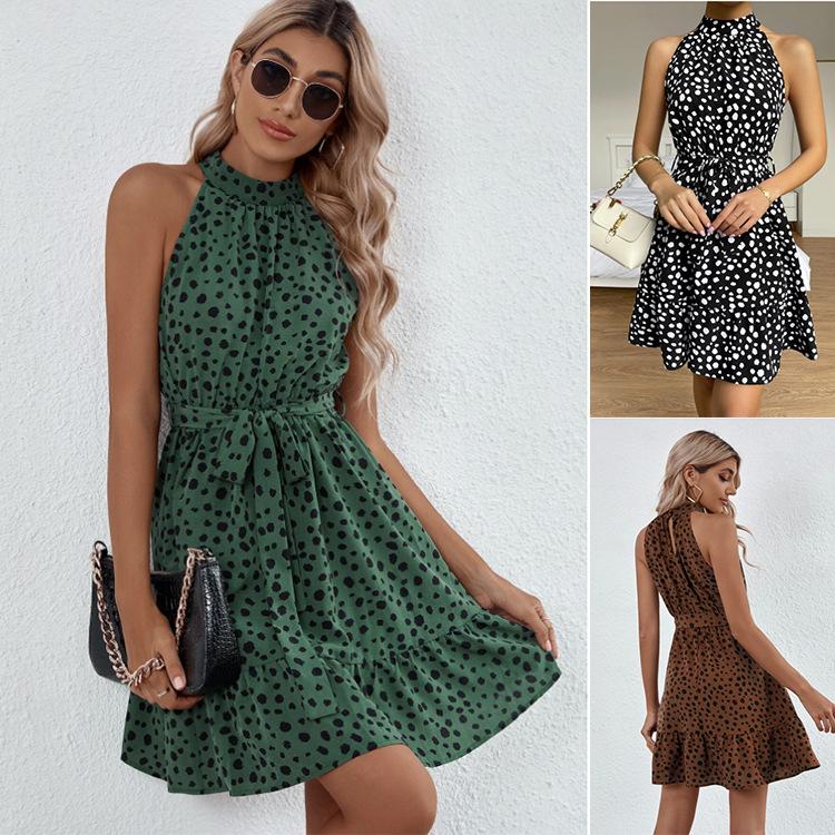 Halter Neck Round Dot Dress Lace Up Ruffle Edge Dress Sleeveless Chiffon Dresses Causal Women Dress