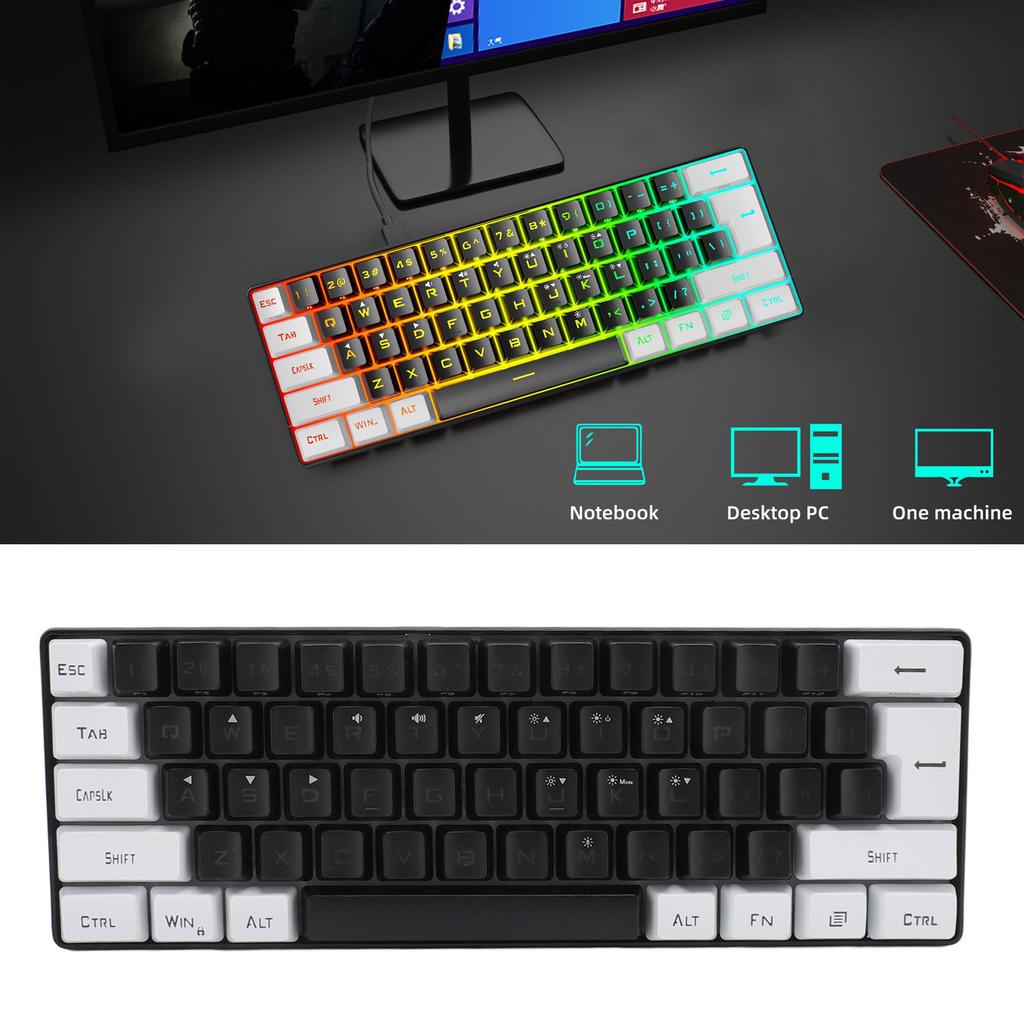 Игровая клавиатура USB 61 клавиша RGB-подсветка Эргономичная контрастная расцветка ABS кейкапы Проводная клавиатура для настольного компьютера, ноутбука, путешествий