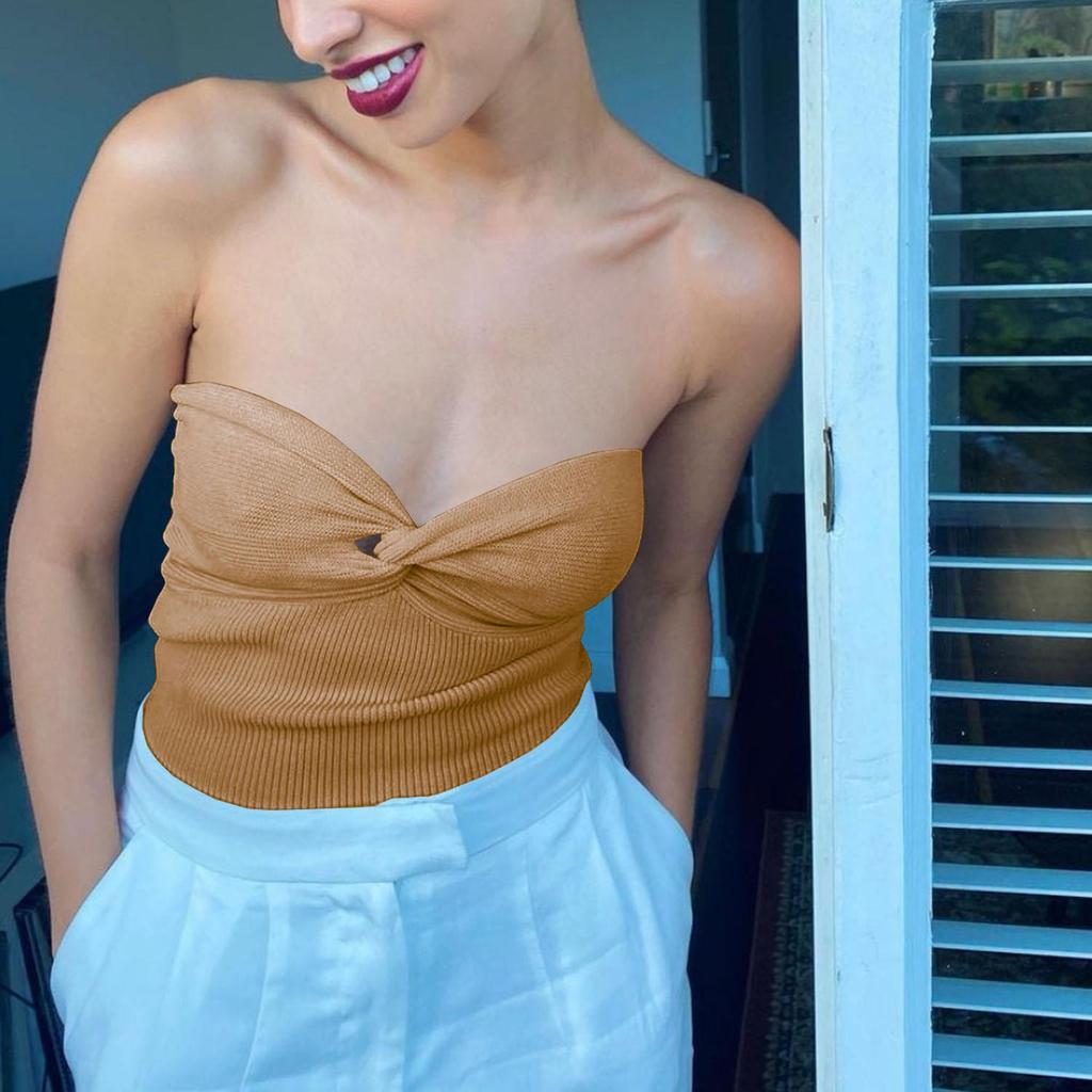 Spring Summer Women Solid Color Deep V Neck Cross Knit Strapless Vest Chic Tank Tops