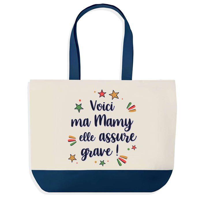 Tote bag - PLANETEE - Sac shopping fond bleu «Mamy elle assure grave» - Coton 40×45 cm - Fabriqué en France - Grand format
