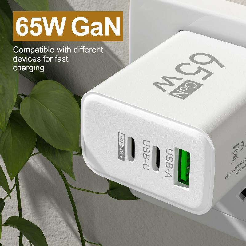 65W GaN Travel Charger EU Plug Dual USB C + USB A Port Fast Charging Wall Adapter Compact Charger for Phone Laptop Tablet