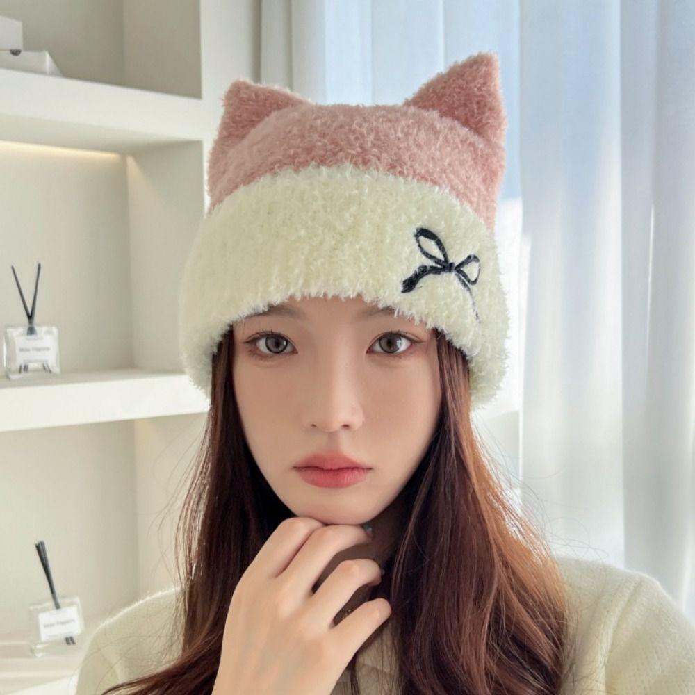 Bow Cat Ears Hat Keep Warm Winter Knitted Hat Personality Knitted Beanie Hat Female/Girls