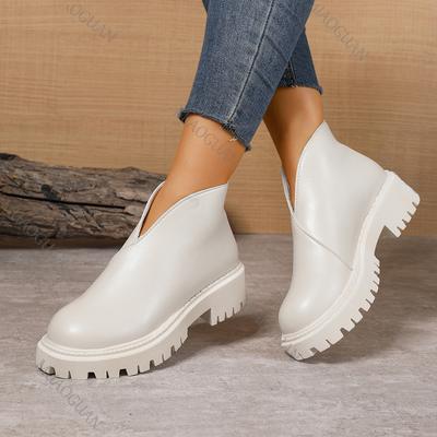 Мода 2025 Осень Новые Ботильоны на Толстой Подошве для Женщин Массивный Высокий Каблук Задняя Молния Короткие Ботильоны Повседневные Однотонные Круглый Носок Женская Обувь