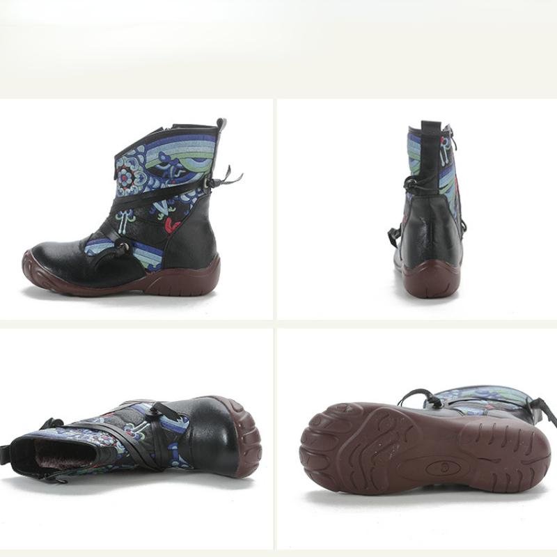 2024 обувь из натуральной кожи в этническом стиле с принтом в стиле ретро, ​​женские ботинки, теплые и удобные хлопковые ботильоны