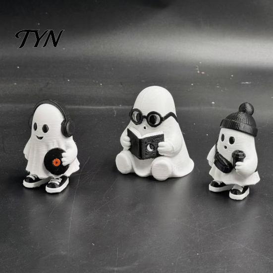 Whimsical Ghost Statue for Display Cute Halloween Figurine, Holding Coffee/Book/Record Resin Statue, Desktop Ornaments Spooky Tabletop Ornament