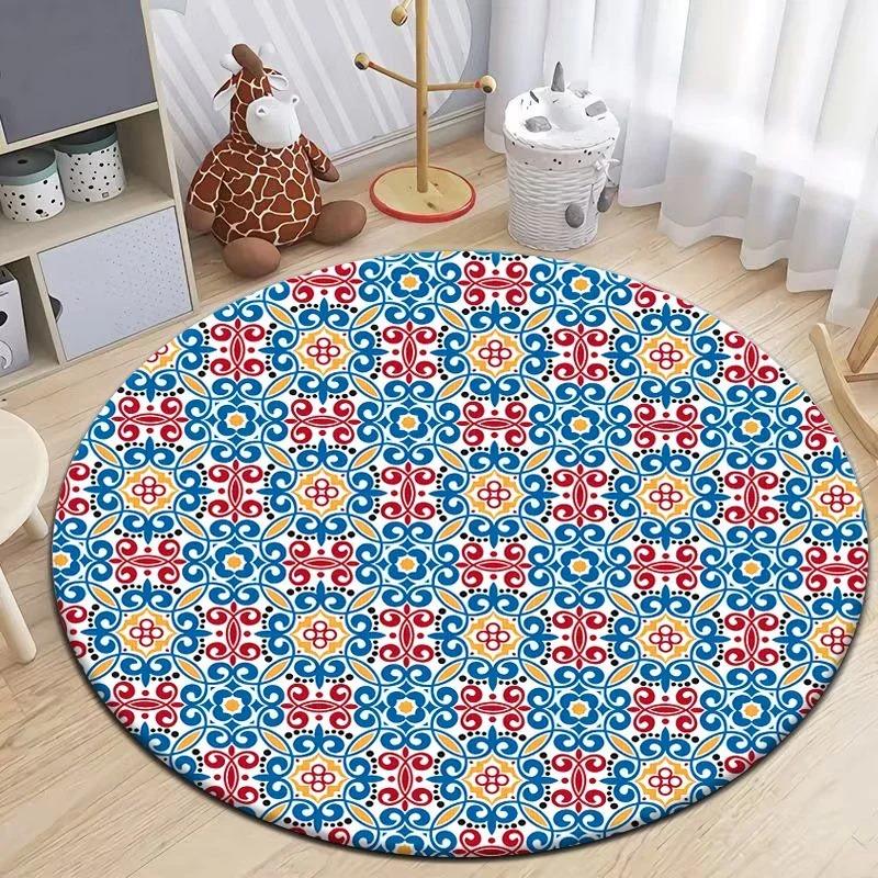 Moroccan Style Print Round Living Room Area Rug Camping Picnic Mat Non-Slip Yoga Door Floor Mat