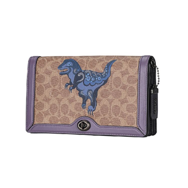 Coach X Zhu Jingyi Riley 25 Dinosaur Print Trim Leather PVC Crossbody Bag Women crossbody bag Purple Brown 73942-V5OYE