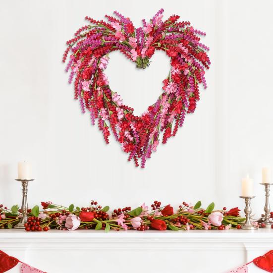 Holiday Wreath Heart Shape Indoor Outdoor Decorative Wreath with Festive Flowers Greenery Home Party Office