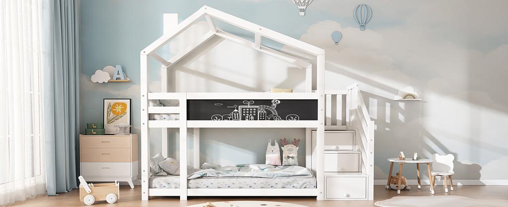Children's Treehouse Bed 90 x 200 cm, Bunk Bed with Chimney & Storage and Fall Protection, White, incl. Board – 2x Slatted Frame (Without Mattress)