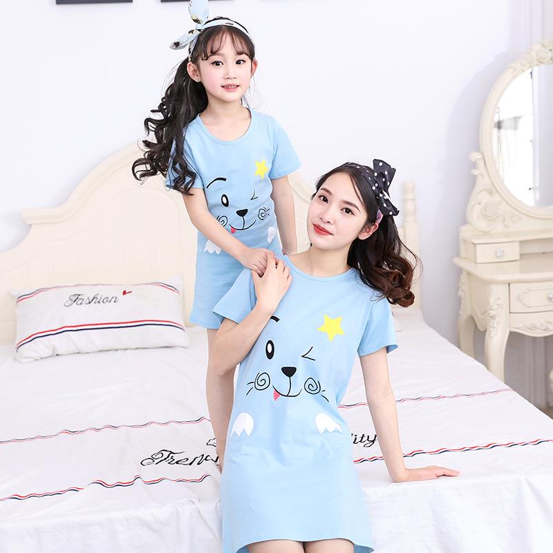 Girls' Summer Cartoon Short Sleeve Pajamas - Cute Parent-Child Cotton Nightdress