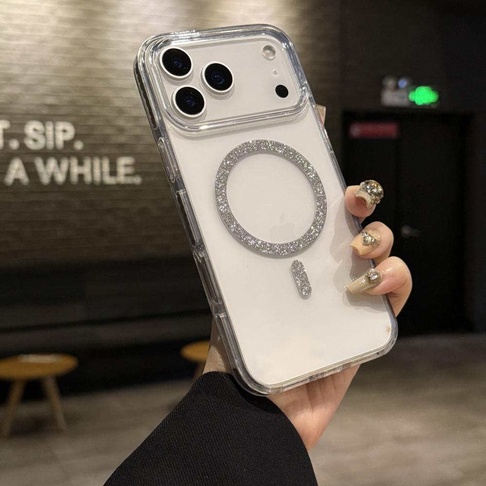 Прозрачный Магнитный Чехол-Броня с Блестками для iPhone 17 Air 16 15 14 Plus 13 12 11 Pro Max Для Magsafe Оригинальный Блестящий Бампер