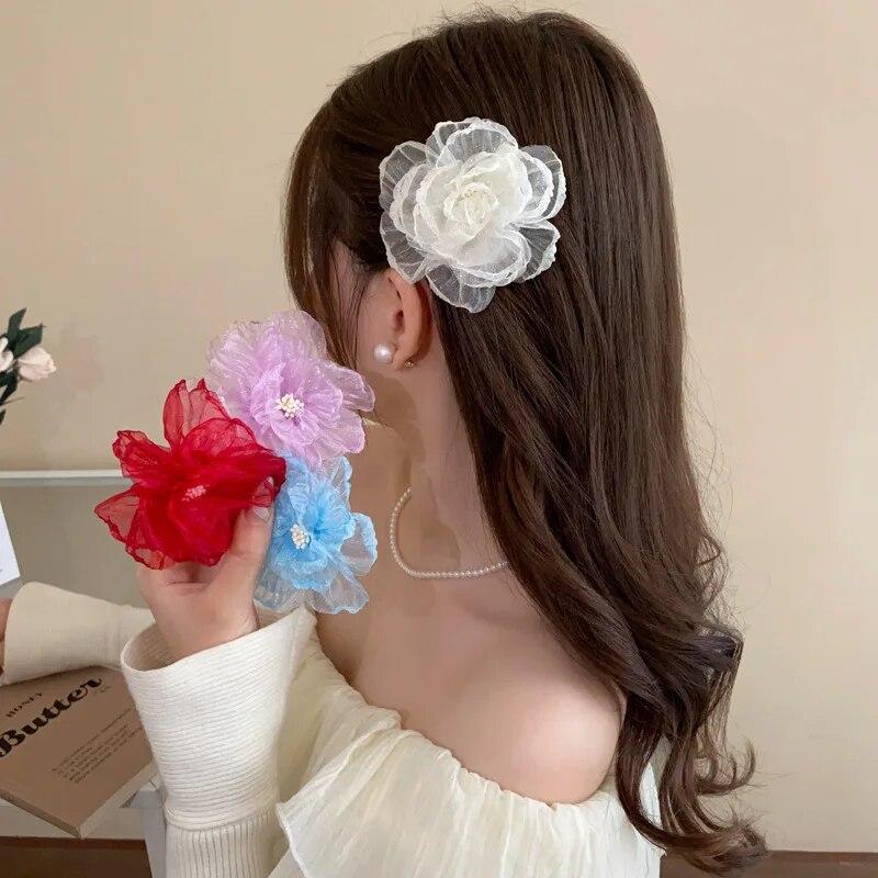 Новинка 2024 года, заколка для волос с большим цветком, модная шифоновая челка, заколки для волос, детские головные уборы для девочек, аксессуары для волос на отдыхе