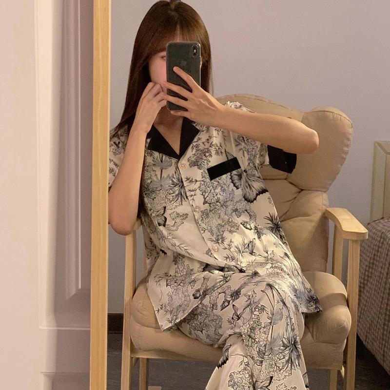 Pajamas Women'S Spring And Summer Cardigan Short-Sleeved Trousers Two-Piece Set New Chinese Style Ink Painting Loungewear