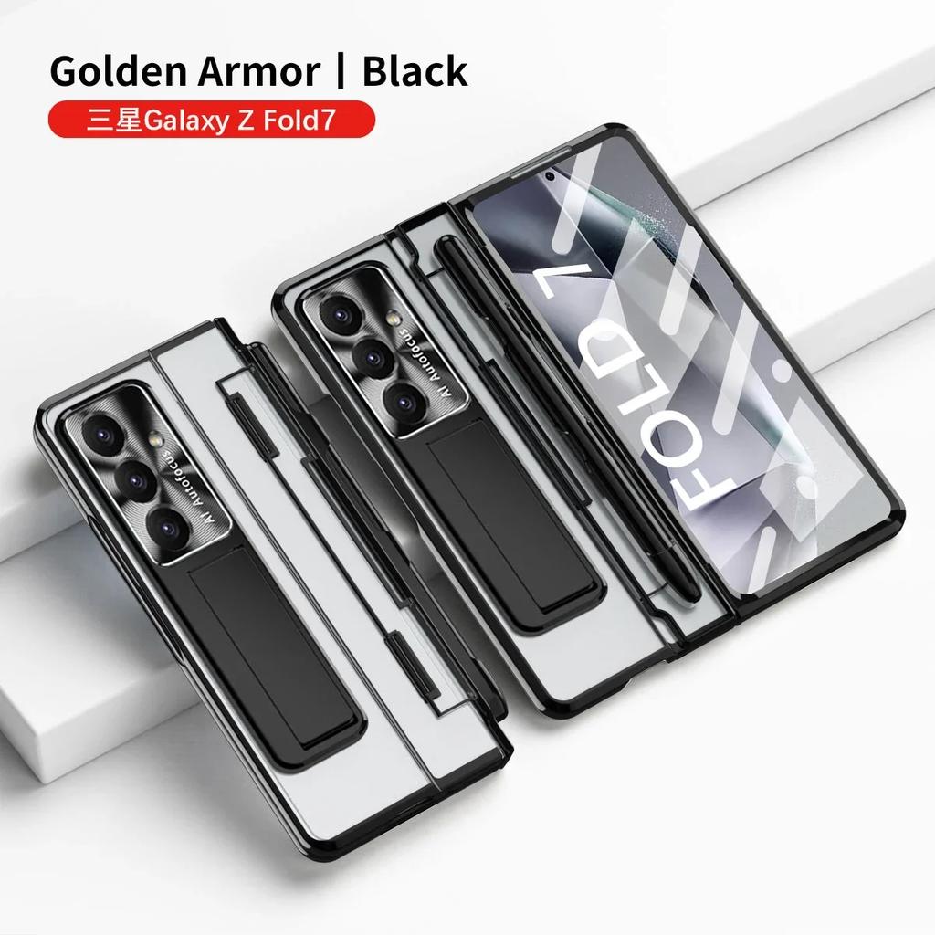 For Samsung Galaxy Z Fold 7 6Case Clear Electroplated Metal Lens Holder with Folding Hinge Tempered Film Optional Touch Pen Slot
