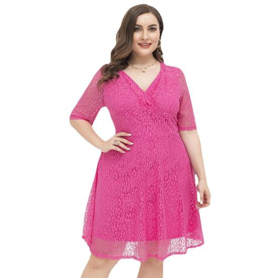 Plus Size Dress Lace V Neck Short Sleeves Leopard Pattern Double-layered Prom Wedding Party Midi Dress Summer Short Dress