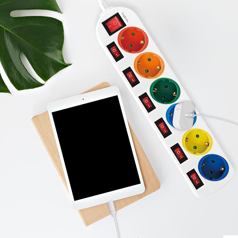 6-Way Power Strip with 7 Switches, CEE 7/3, Multicolor