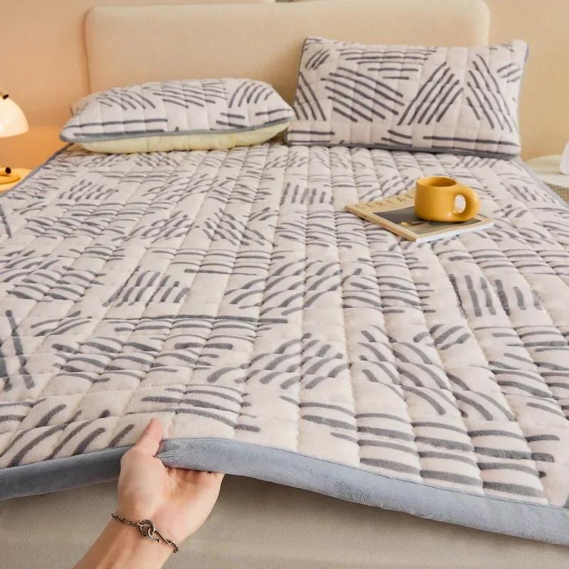 Winter Quilted Milk Velvet Thin Mattress Toppers Thickened Warm Bed Sheet Bedspread Single Double Soft Fold Tatami Floor Mat