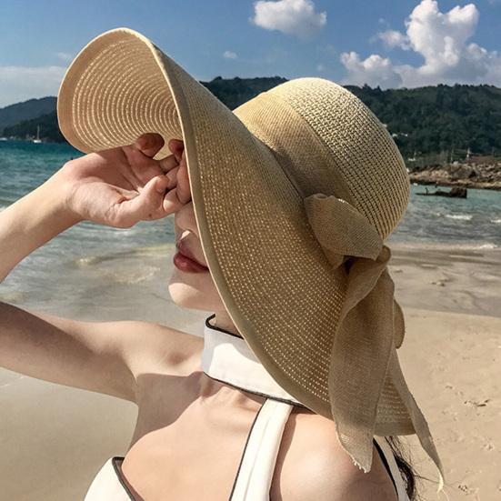 Women Straw Hat Wide Brim Breathable Lightweight Sun Protection Hat with Lace-up Bowknot Decor Sun Hat