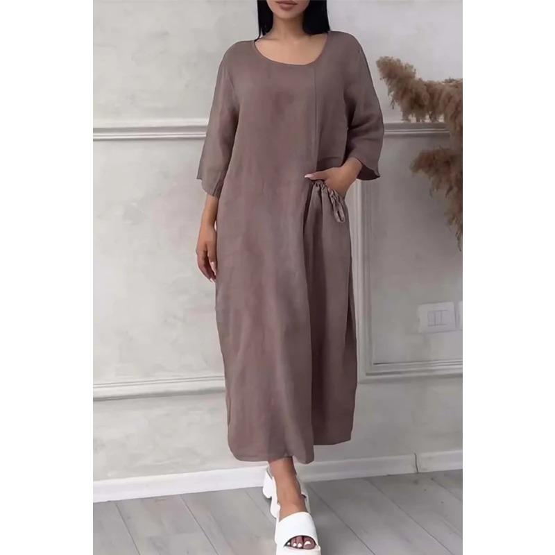 Женское платье размера плюс, однотонное повседневное длинное платье с круглым вырезом и пуговицами
