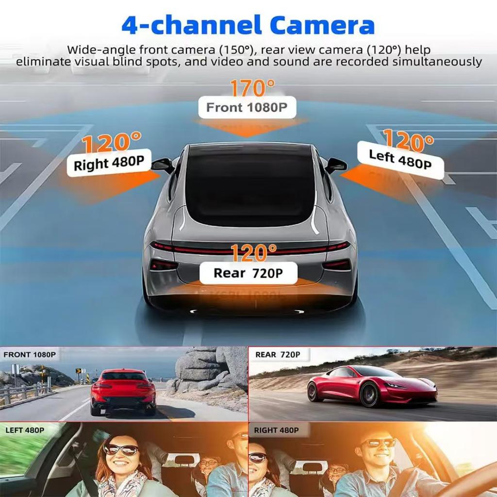 4-канальный видеорегистратор, передний, задний и салонный, автомобильная камера 1080P, ночное видение, G-сенсор, видеорегистратор