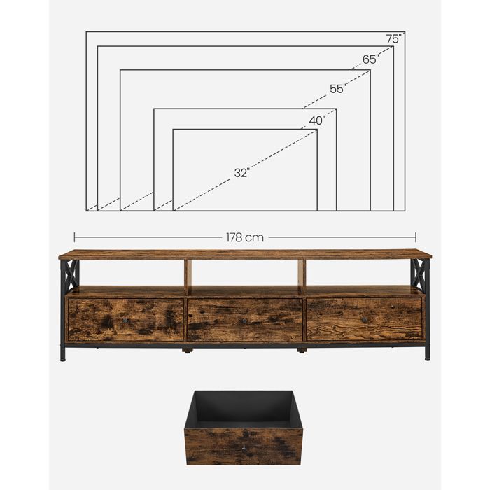 VASAGLE Meuble TV pour Télévision jusqu'à 80 Pouces, Support Télé, 178 x 40 x 50 cm, Cadre en Acier, Marron Rustique et Noir