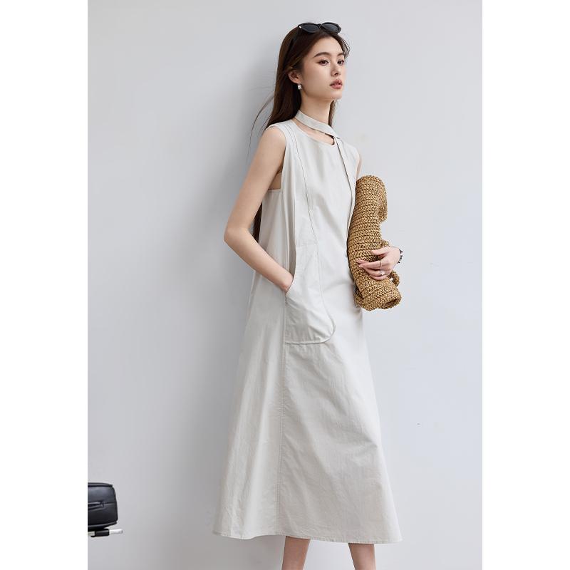 Summer "Su Mei Yan Xing" Modern Minimalist Style Jiangnan Fabric Sense Plain Color Sleeveless Ribbon Dress