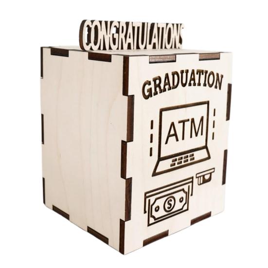 Yousheng Wooden Graduation Money Gift Box ATM Cash Container Piggy Bank Congratulation Card Holder Money Saving Jar Grad Party Desktop Decoration