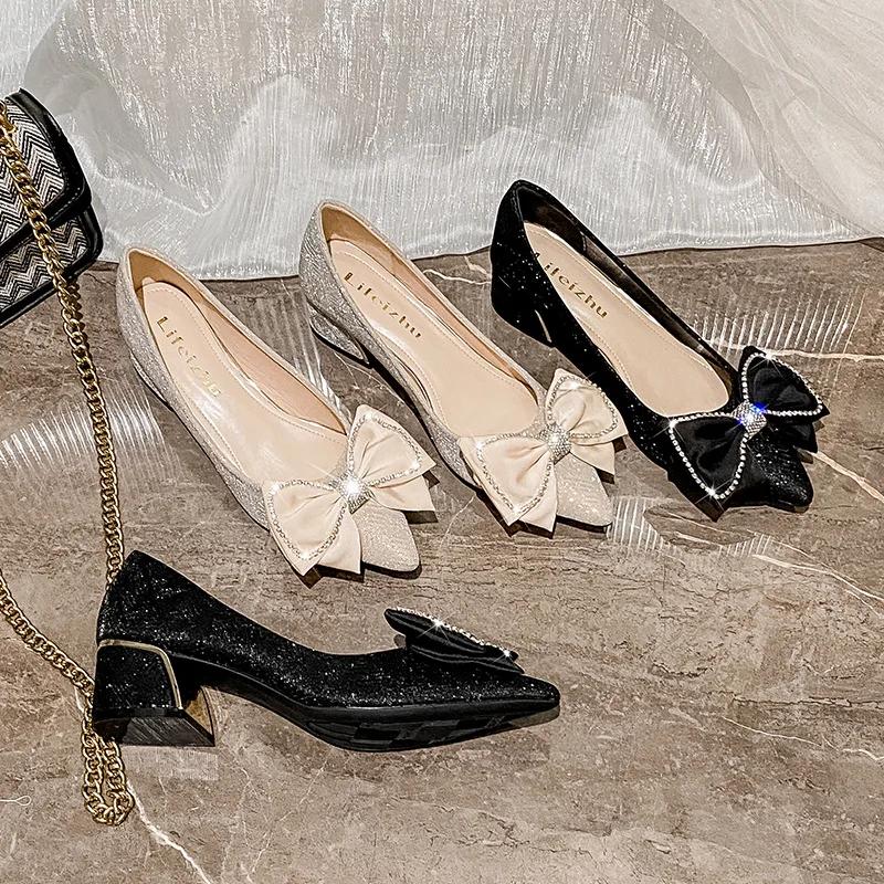New Women Modern Pumps Spring Summer OL Pointed Toe Bowknot High Heels Shoes Shiny Rhinestones Dress Shoes 35-43