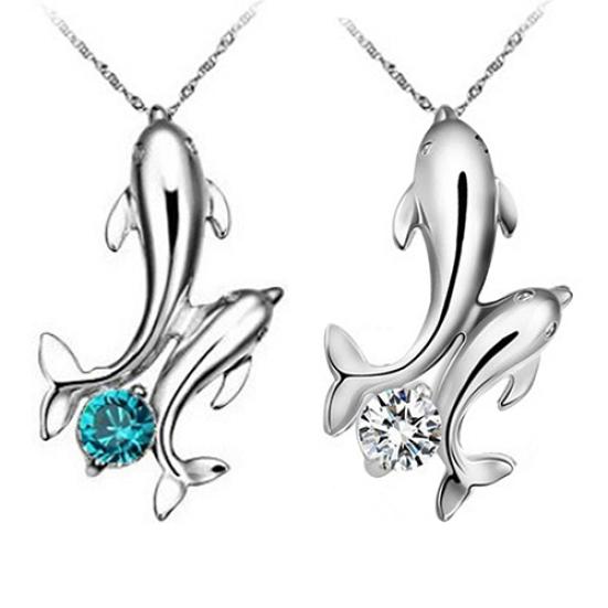 Cute Double Dolphins Pendant Charm Chain Necklace Lady Jewelry