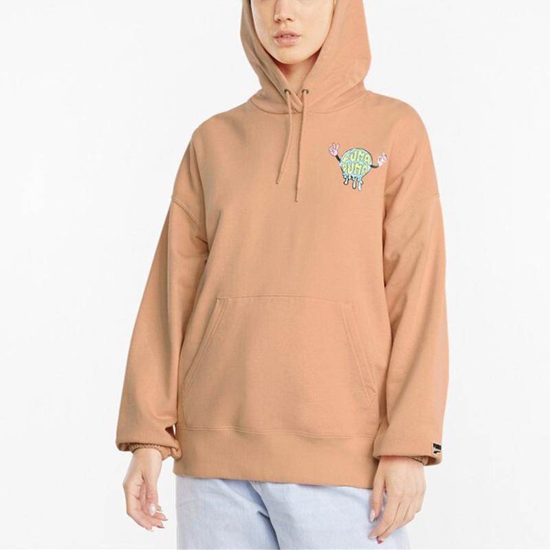 Puma Downtown Graphic Print Long Sleeve Hoodie Women Tops Coral 533049-27