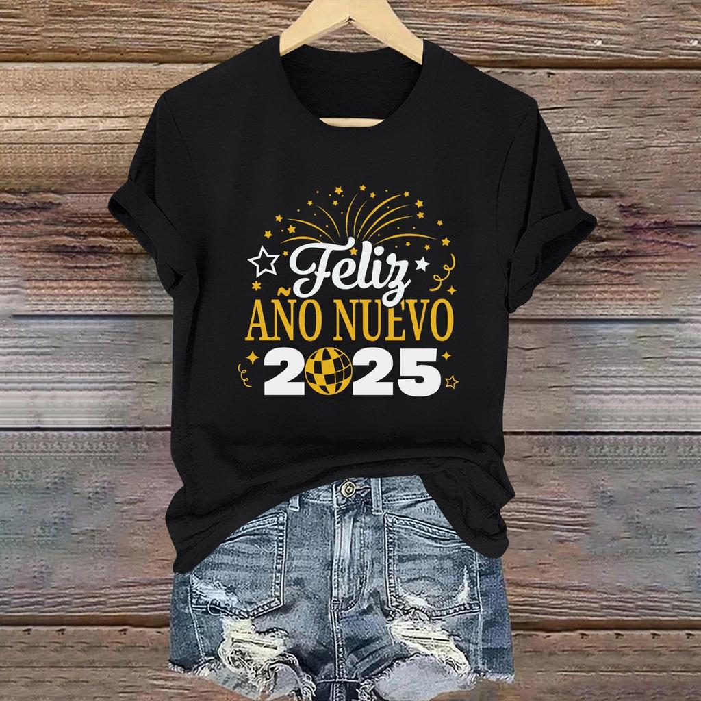 Women's Long Sleeve Round Neck T-Shirts 2025 New Year Print Puff Sleeve Shirts Button Blouses Tops