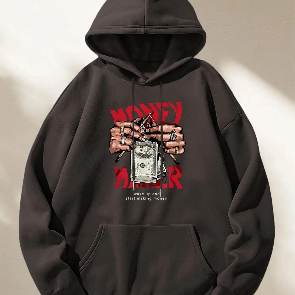Kpop Trend Hustle Graphic Hoodie For Guys Wealth Cash Front Print Soft Korean Daily Oversized Hip Hop Hooded Top