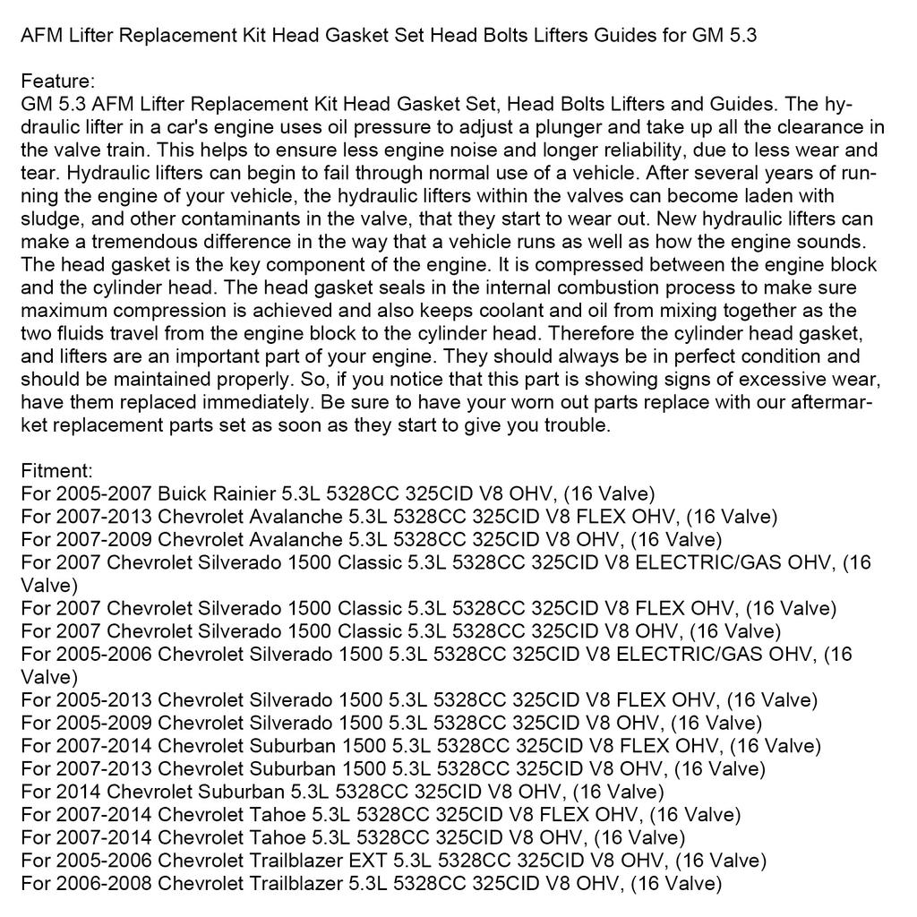 AFM Lifter Replacement Kit Head Gasket Set Head Bolts Lifters Guides for GM 5.3