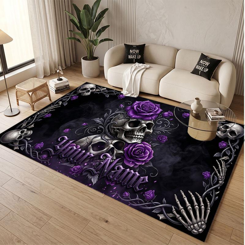 Skull Gothic Theme Soft Crystal Velvet Rug Custom Name & Text Print Non Slip Floor Rug for Bedroom Living Room