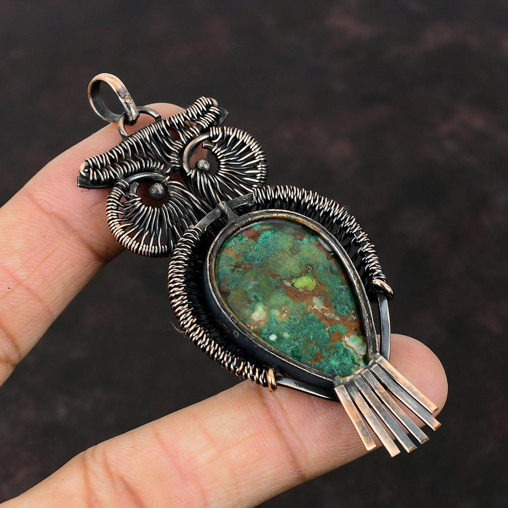 Кулон из куприта и хризоколлы, обернутый медной проволокой, драгоценный камень, медное ювелирное изделие, кулон в виде совы, кулон ручной работы, обернутый проволокой, ювелирное изделие, подарок для нее