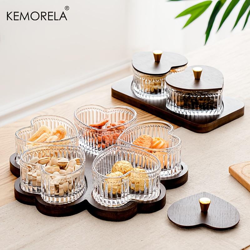 KEMORELA Стеклянная миска в форме сердца, фруктовая тарелка - Стеклянная и деревянная тарелка для фруктов, закусок, десертов, тортов. Подходит для семейных вечеринок, для декора
