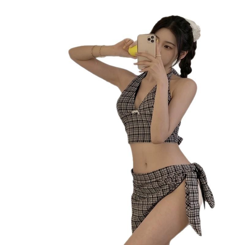 Pure retro hottie sexy bikini women's plaid neck straps split three-piece hot spring vacation swimsuit