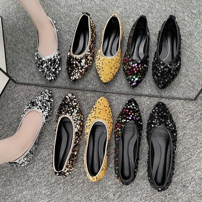 Туфли женские на плоской подошве, удобные, мягкие, без застежек, повседневные туфли, модные, с блестками, с острым носком, блестящие туфли для вечеринок