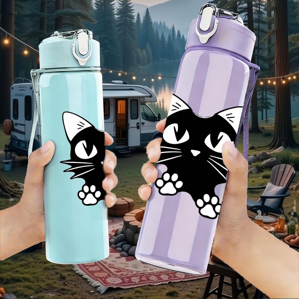1PC Large Eye Black Kitty Cartoon Print 750ml Color Plastic Sports Water Bottle Leakproof Flip Straw Lid Suitable for Sports Office Home Use
