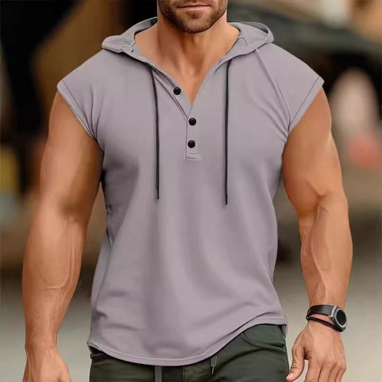 Men Vest Hooded Drawstring Sleeveless Tops Solid Color T-Shirt with Wide Shoulder