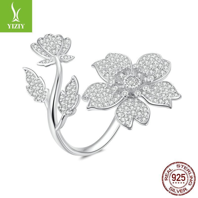S925 Sterling Silver Cherry Blossom Opening Adjustable Ring, Full Of Zircon Premium Flower Ring Jewelry.