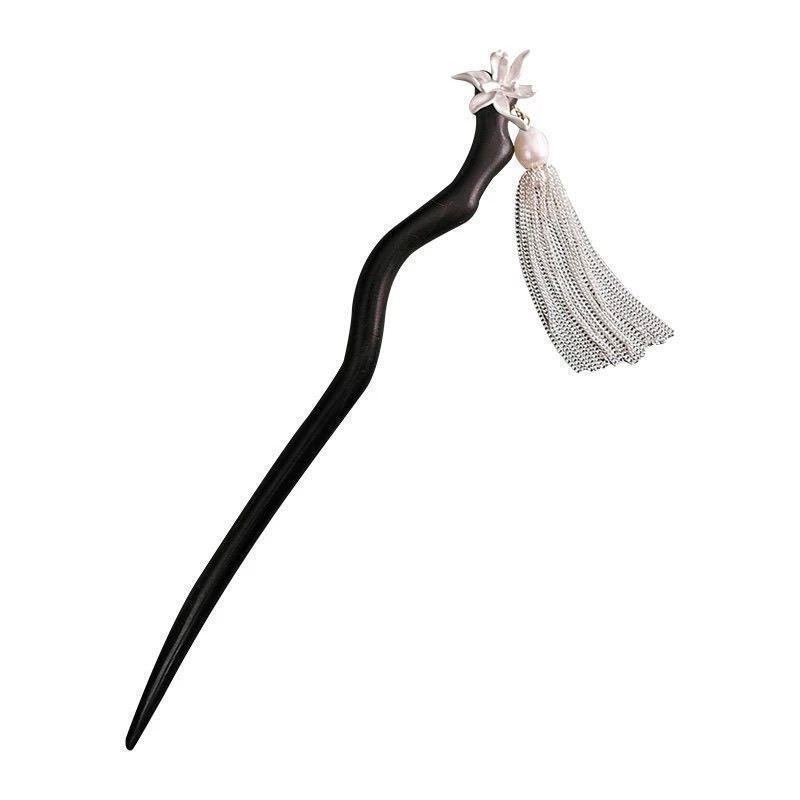 Iris Flower Hairpin New Chinese Style Wooden Hair Stick Silver Tassel Elegant Women Hair Accessories